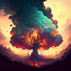 Colorful mystical tree with luminous canopy against fiery dusk sky.