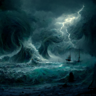 Stormy Sea with Ships Navigating High Waves and Lightning Bolt