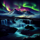 Northern Lights Shine Over Snowy Mountain and Waterfall