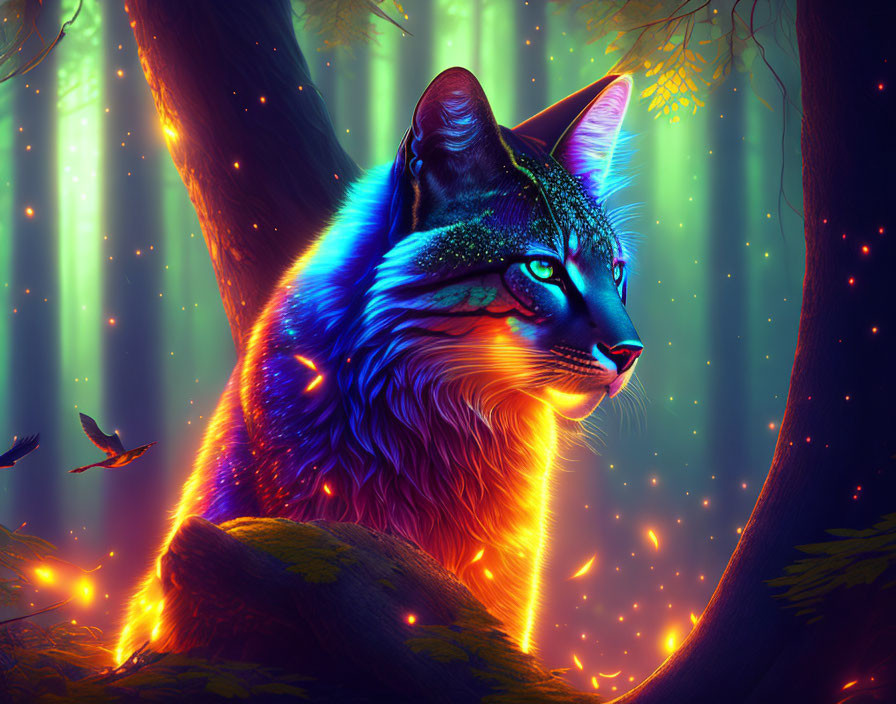 Multicolored cat in magical forest with light beams