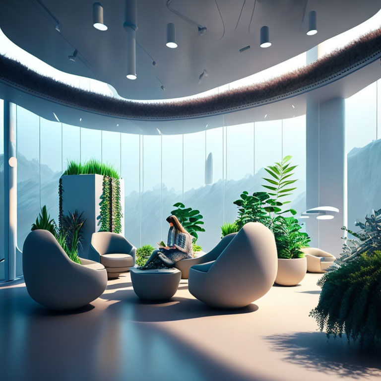 Contemporary indoor lounge with organic-shaped seats and green plants by large windows.