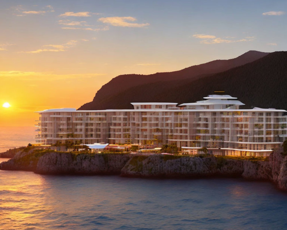 Modern Cliffside Hotel with Sunset Sea View and Glass Façade