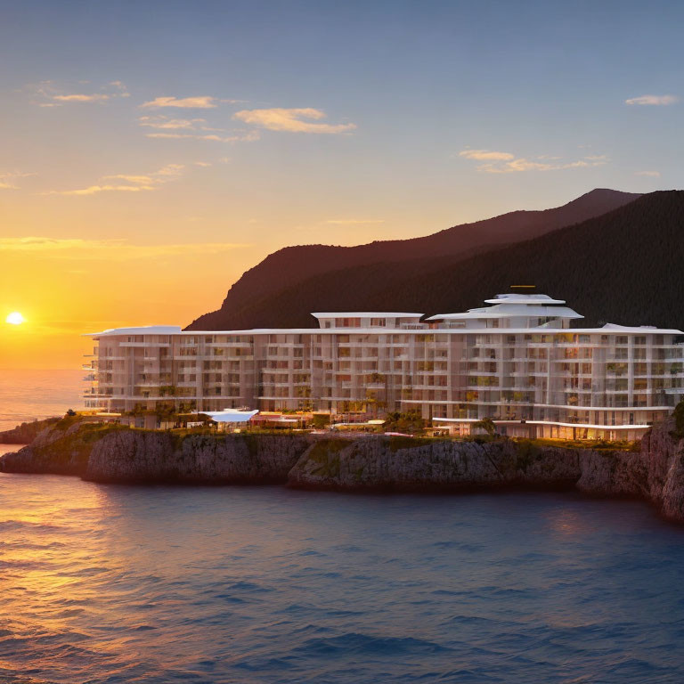 Modern Cliffside Hotel with Sunset Sea View and Glass Façade