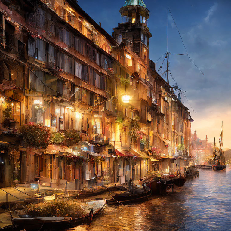 Historic canal scene with moored boats and glowing buildings at dusk