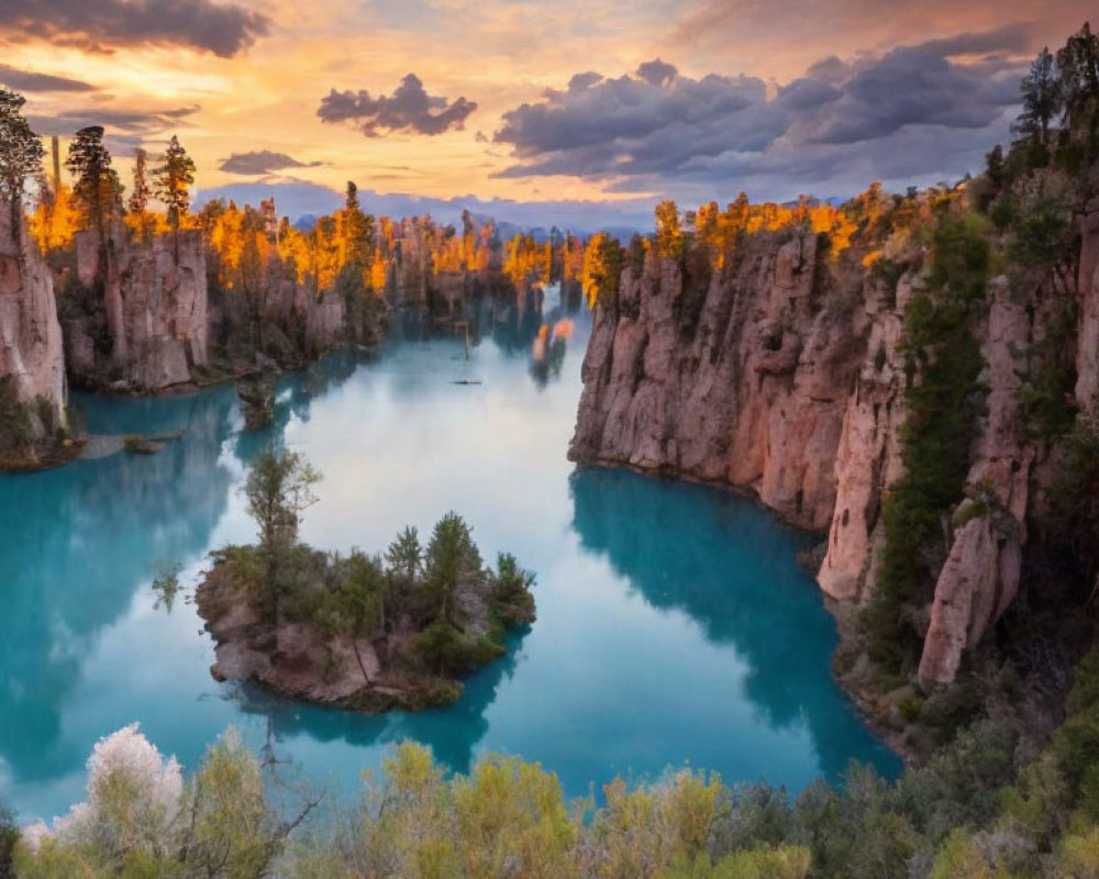 Scenic sunset over tranquil lake with steep cliffs and pine trees