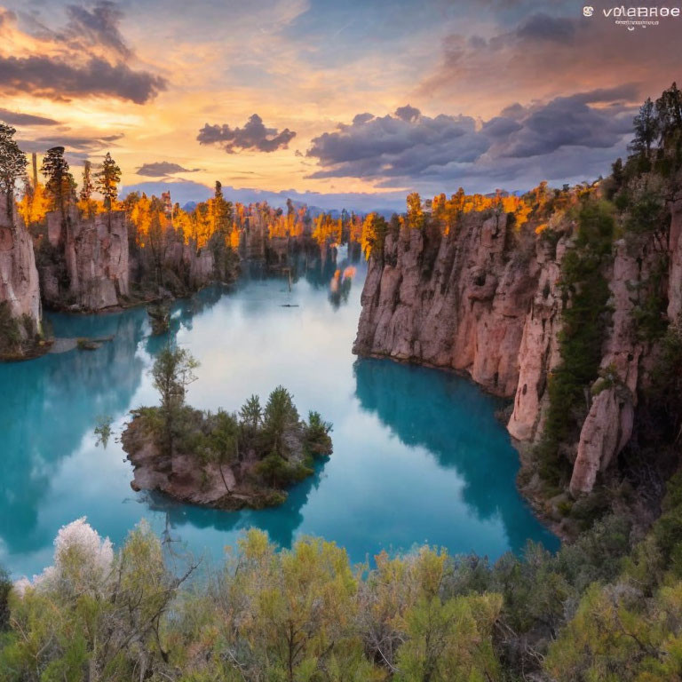 Scenic sunset over tranquil lake with steep cliffs and pine trees