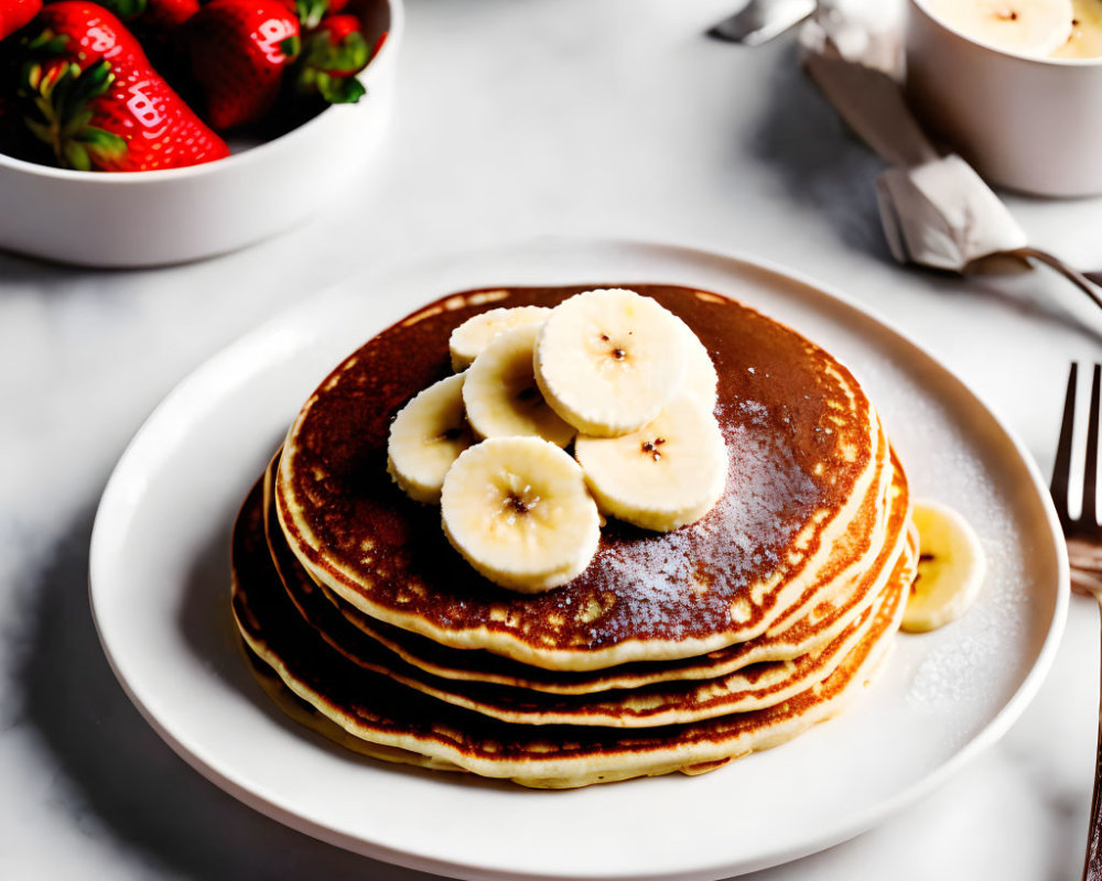 Fluffy pancakes with banana and strawberries on white plate