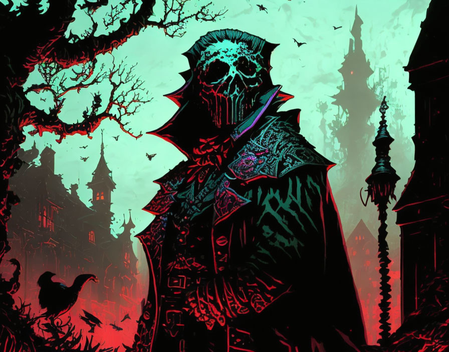 Skeletal figure in ornate armor at gothic castle with red and black theme