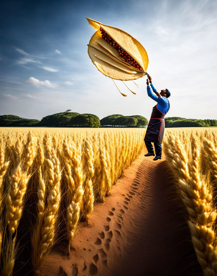 Person in Traditional Attire Holding Umbrella in Wheat Field