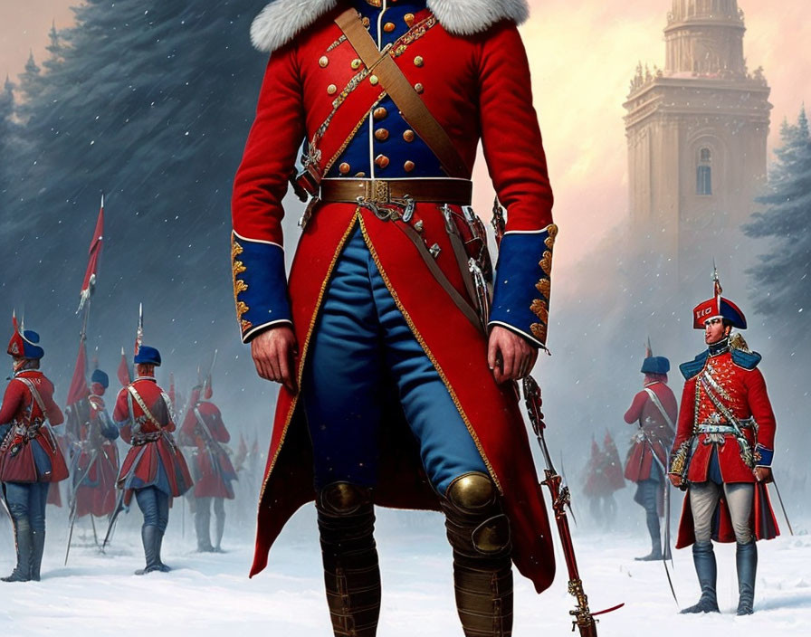 Historical period soldiers illustration in snowy landscape with officer in red coat.