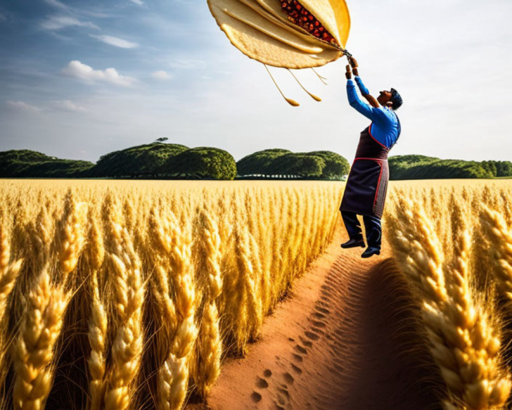 Person in Traditional Attire Holding Umbrella in Wheat Field