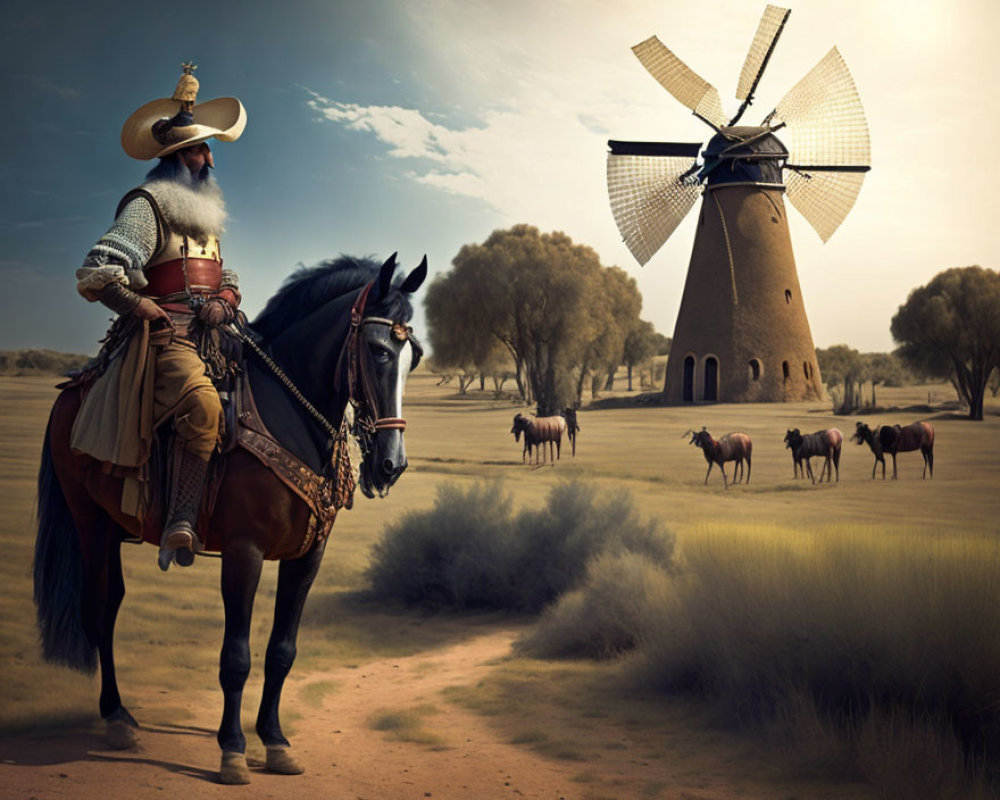 Bearded Person in Historic Armor on Black Horse Facing Windmill