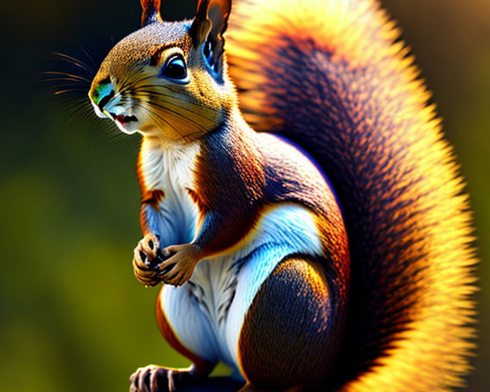 Red squirrel on pumpkin in warm sunlight