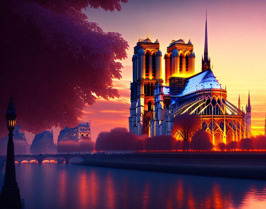 Twilight view of Notre-Dame Cathedral with cherry blossoms and colorful sky