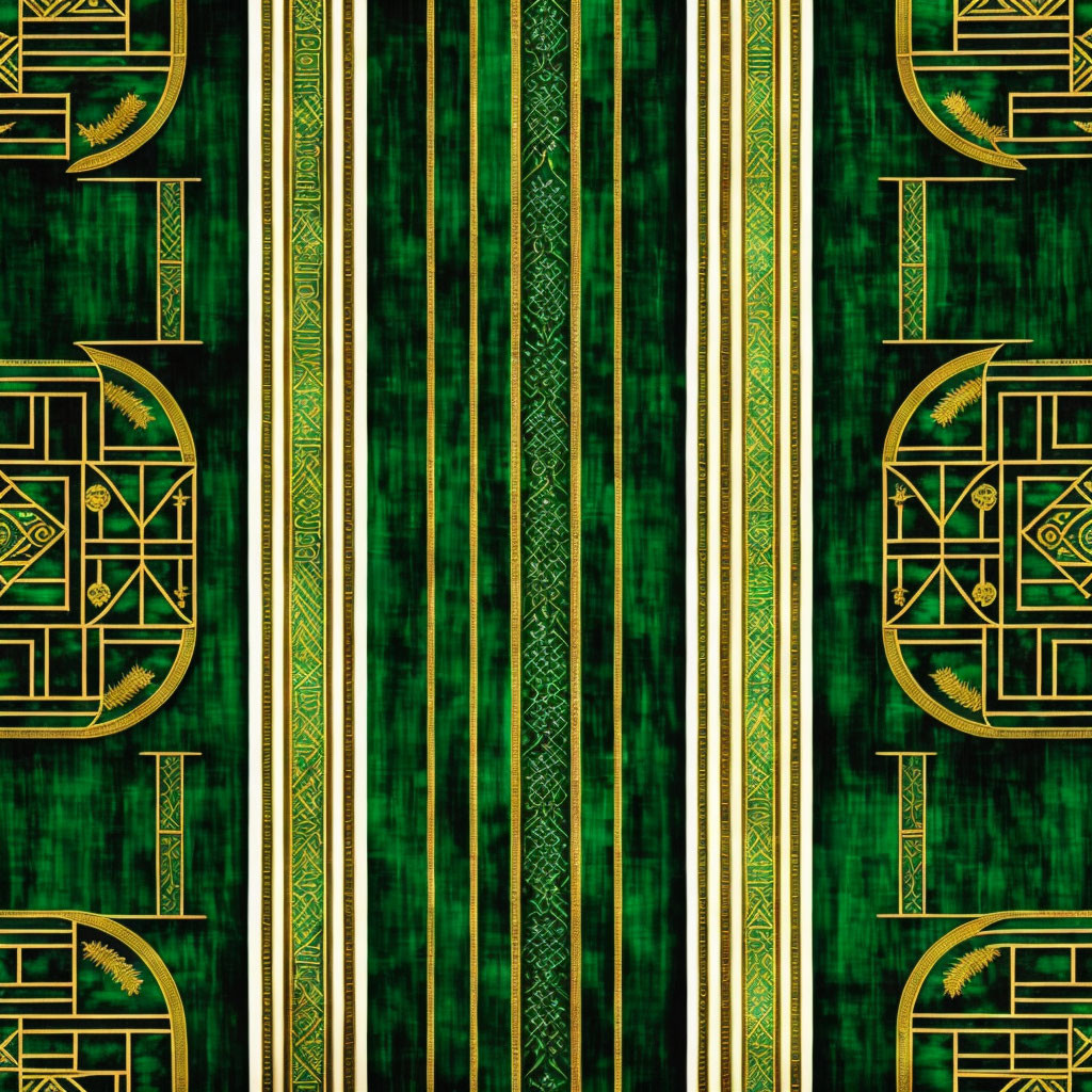 Symmetrical Gold and White Geometric Art Deco Pattern on Dark Green Background