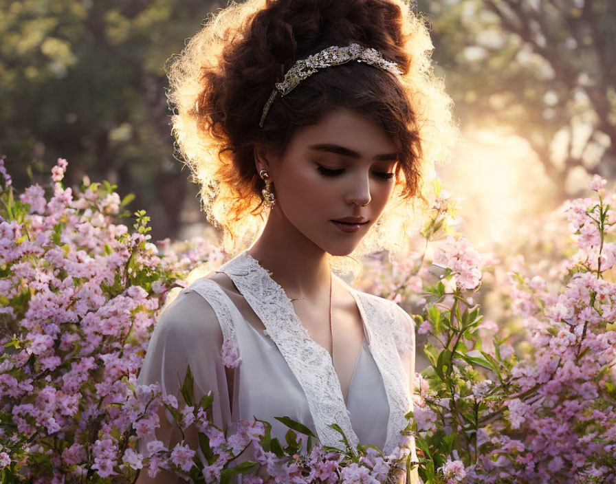 Woman with Elegant Hairstyle and Tiara in Pink Flower Field