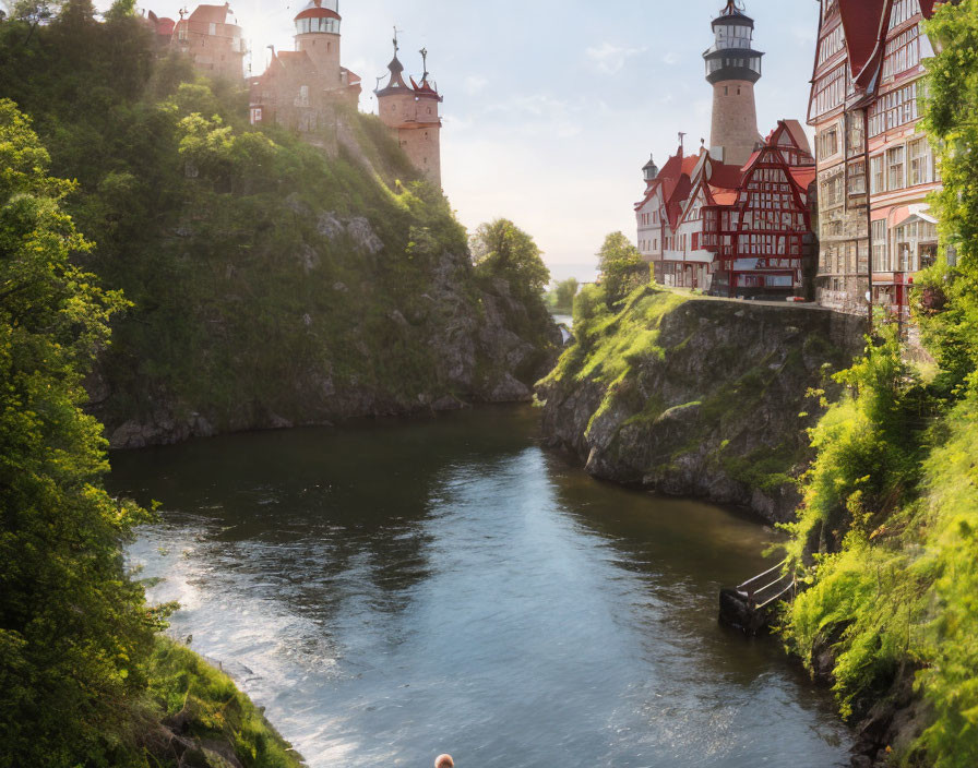 Majestic castle on rocky cliff by serene river