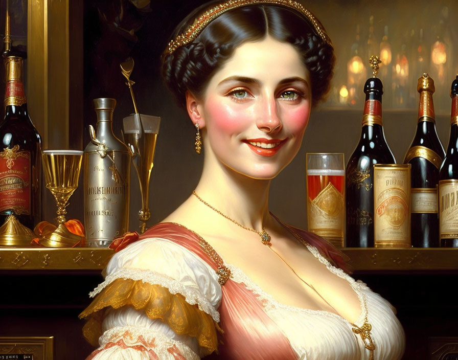 Vintage Attire Woman Surrounded by Wine Bottles and Goblet