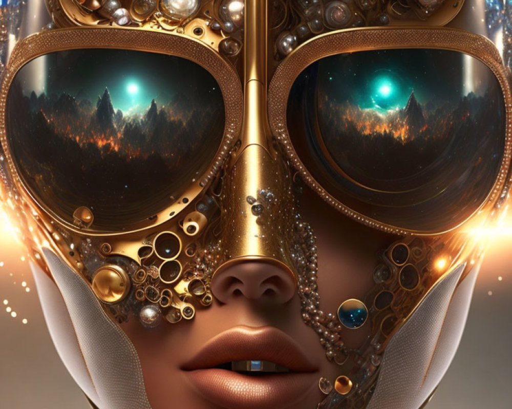 Close-up of surreal steampunk mask with gears, jewels, and reflective lenses displaying mountain landscape