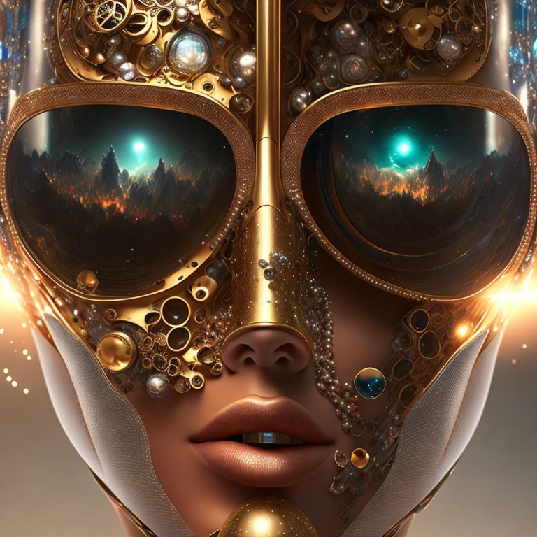 Close-up of surreal steampunk mask with gears, jewels, and reflective lenses displaying mountain landscape