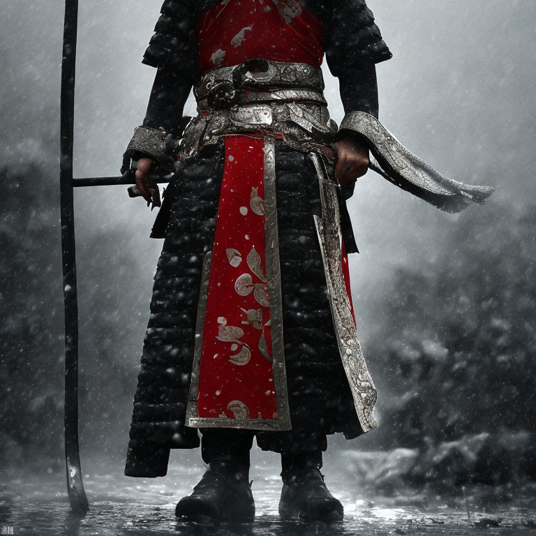 Traditional armor warrior in snowstorm with sword symbolizes stoic valor