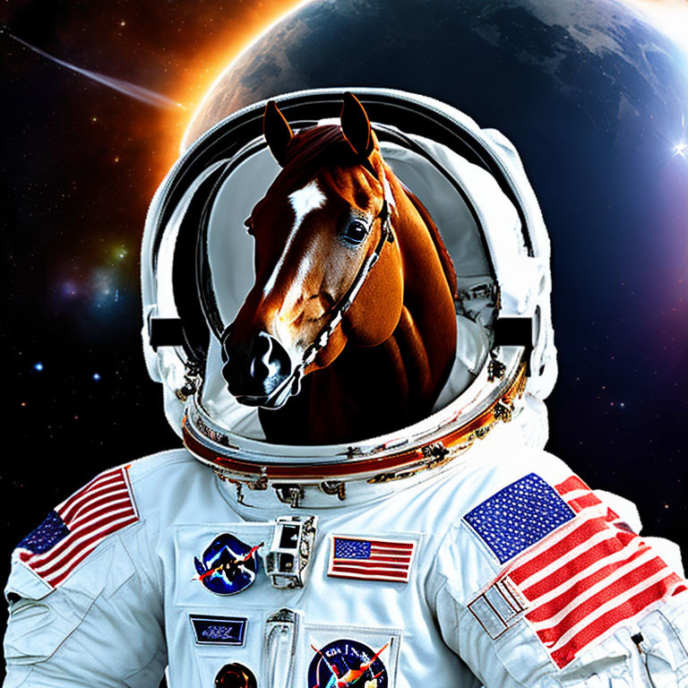 Horse head on astronaut body in space scene