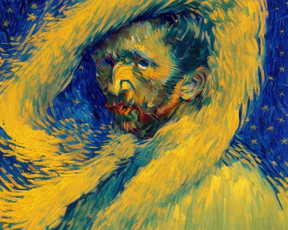 Man in swirling blue & yellow garment against starry night sky, post-impressionistic style