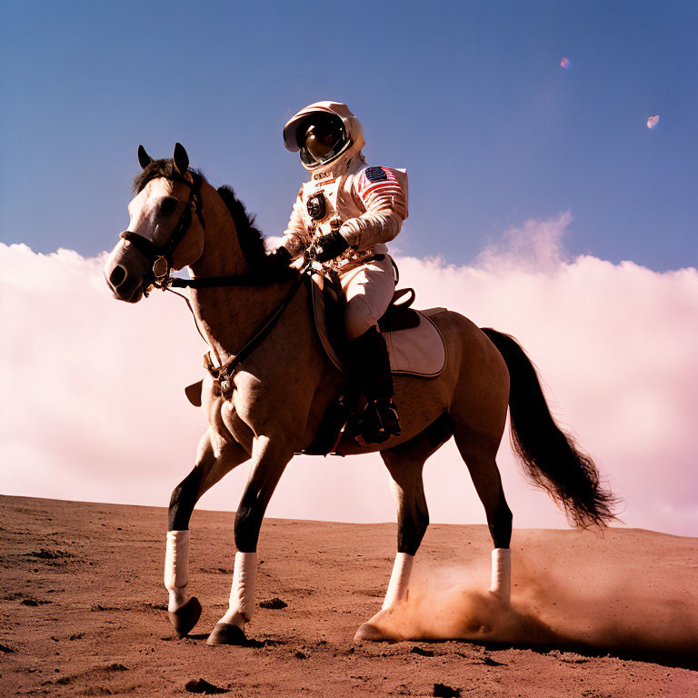 Astronaut in space suit riding horse on barren landscape