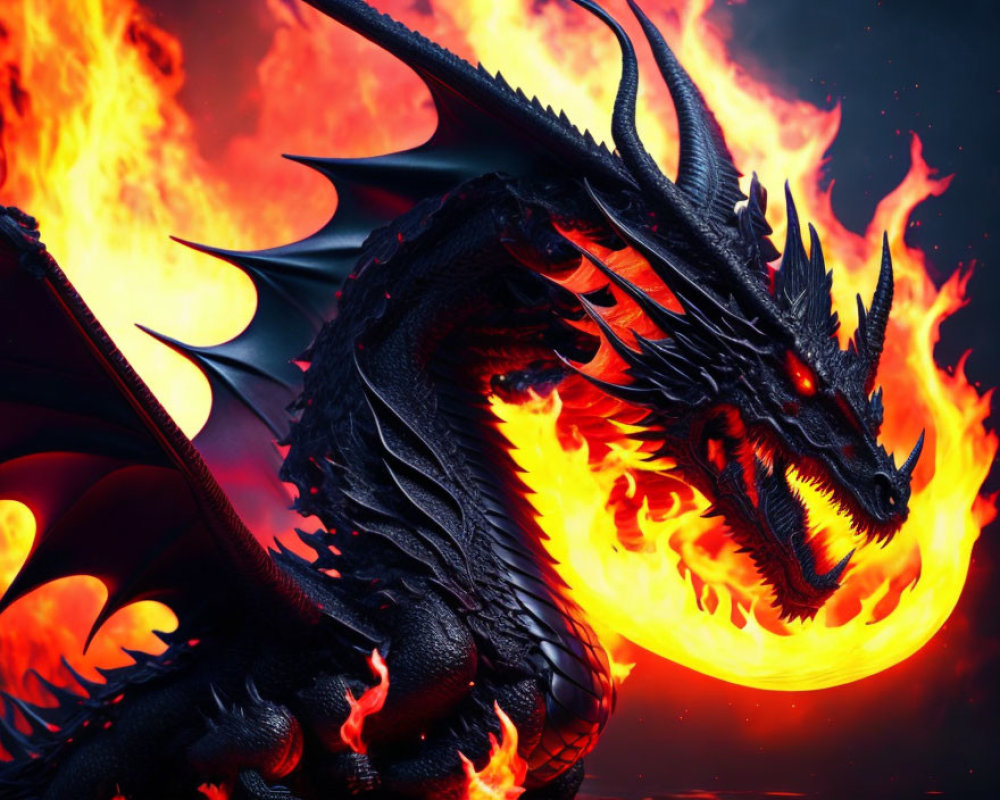 Black dragon with red eyes in fiery backdrop