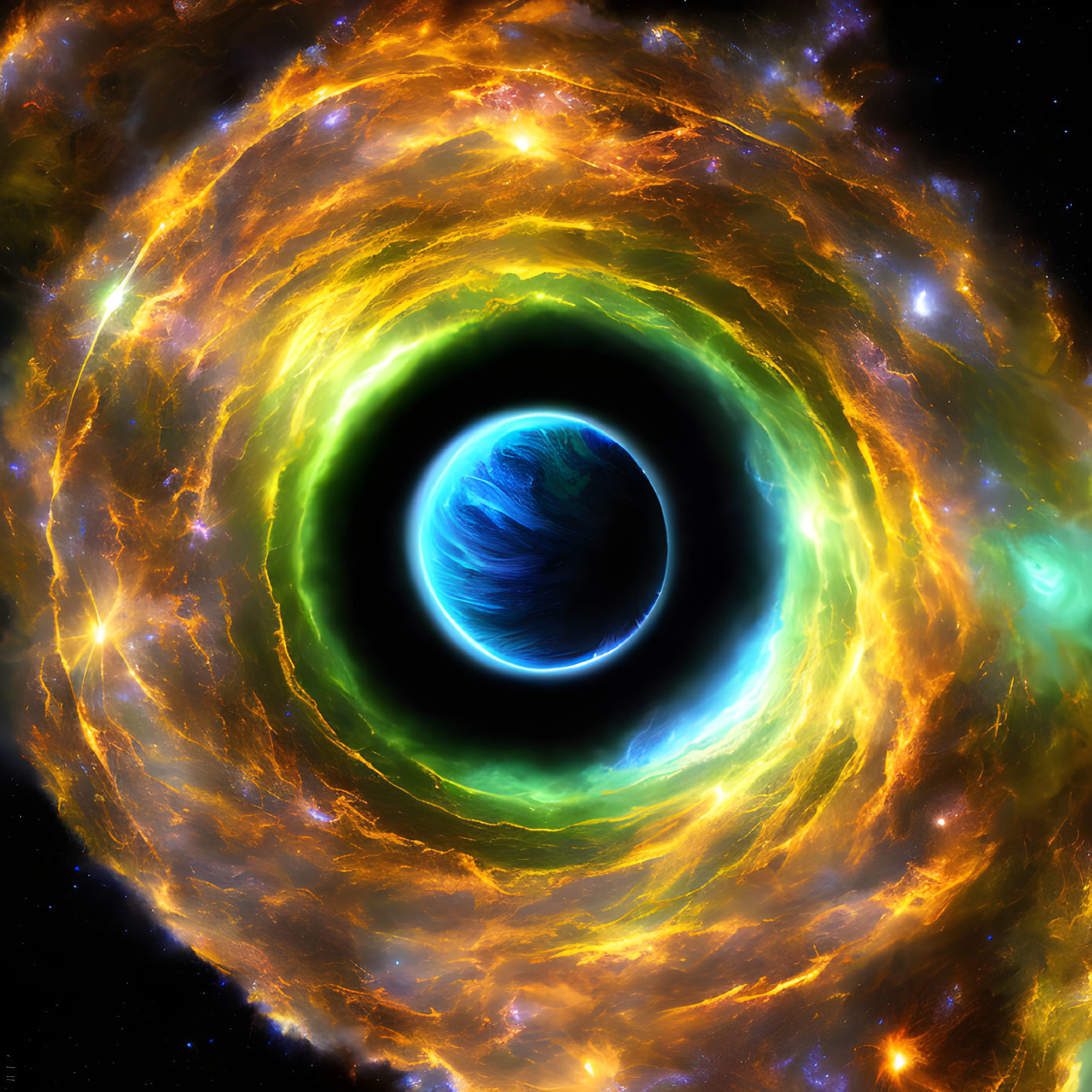 Digital Artwork: Black Hole Pulling Celestial Material with Planet