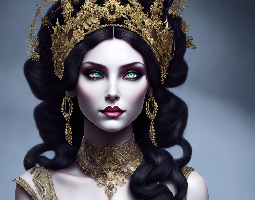 Regal digital artwork of woman with green eyes, gold crown, black hair