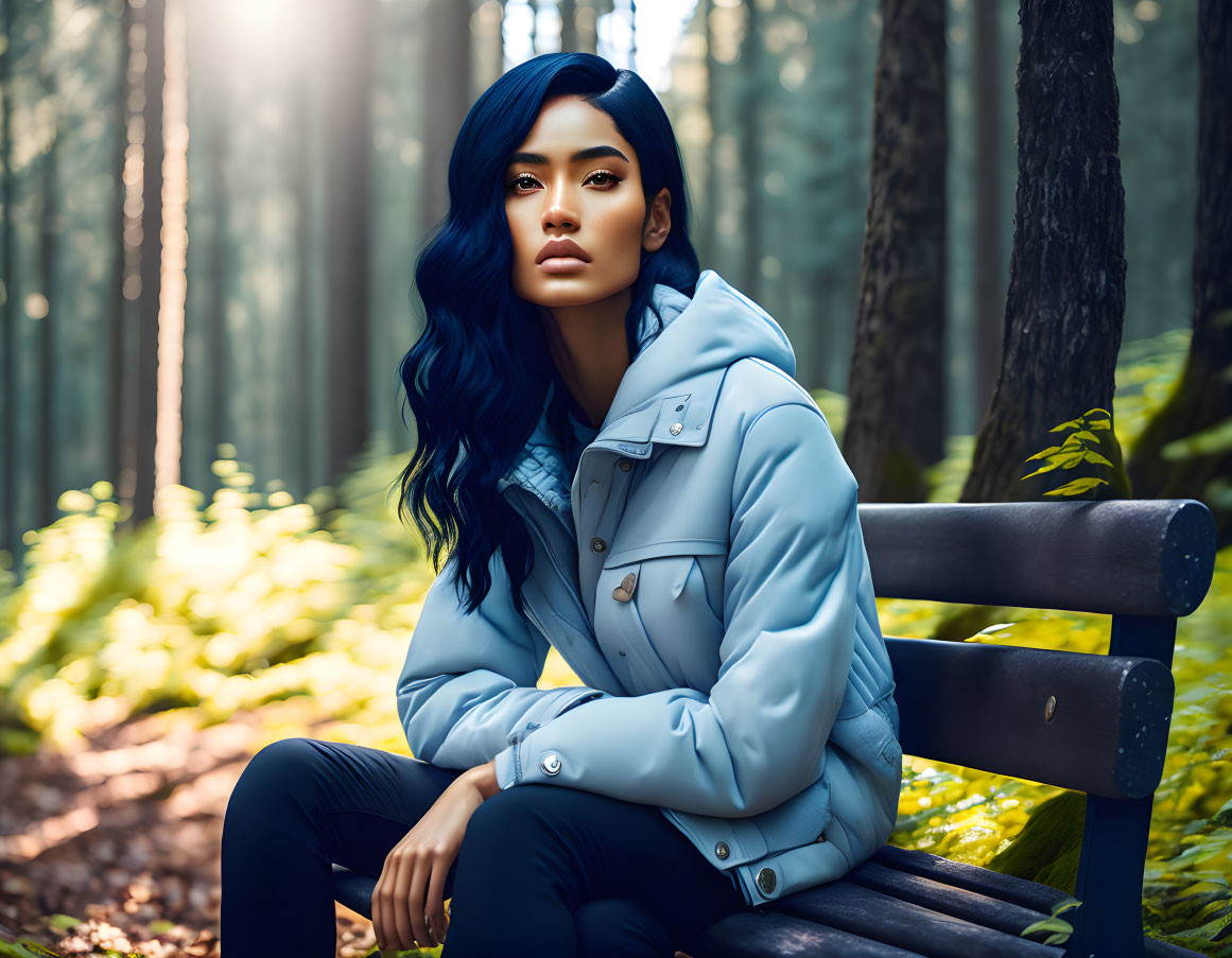 Blue-haired woman on sunlit forest bench in light blue jacket gazes pensively.