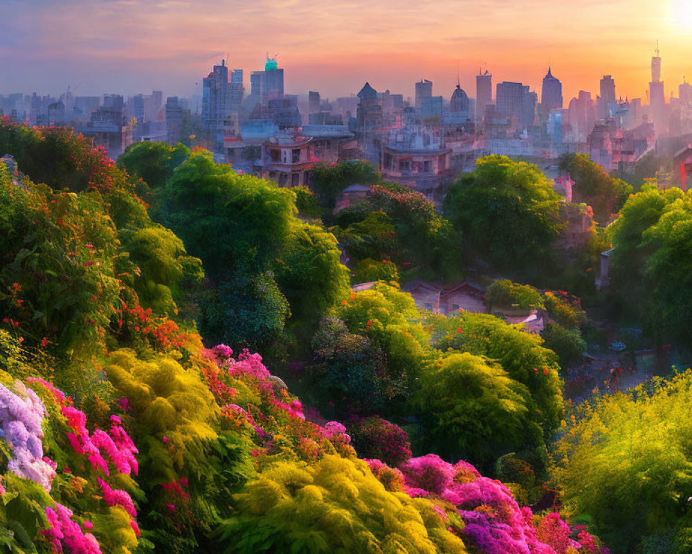 Colorful cityscape sunset with flowering shrubs and modern buildings.