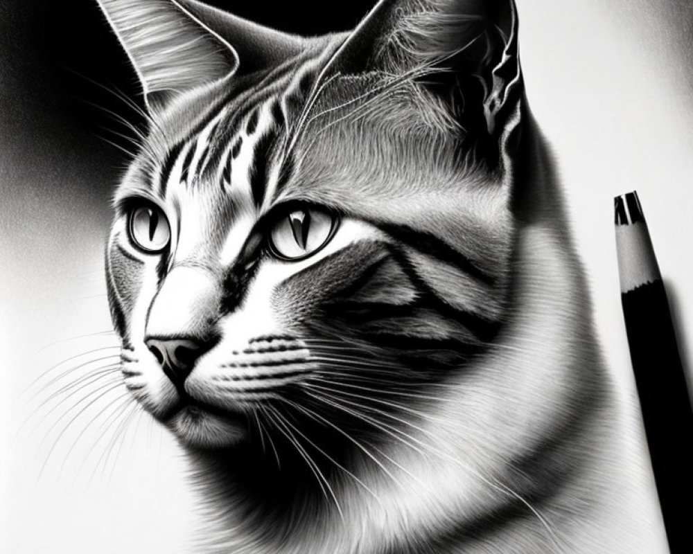 Detailed black and white cat illustration with intricate fur patterns beside a pencil