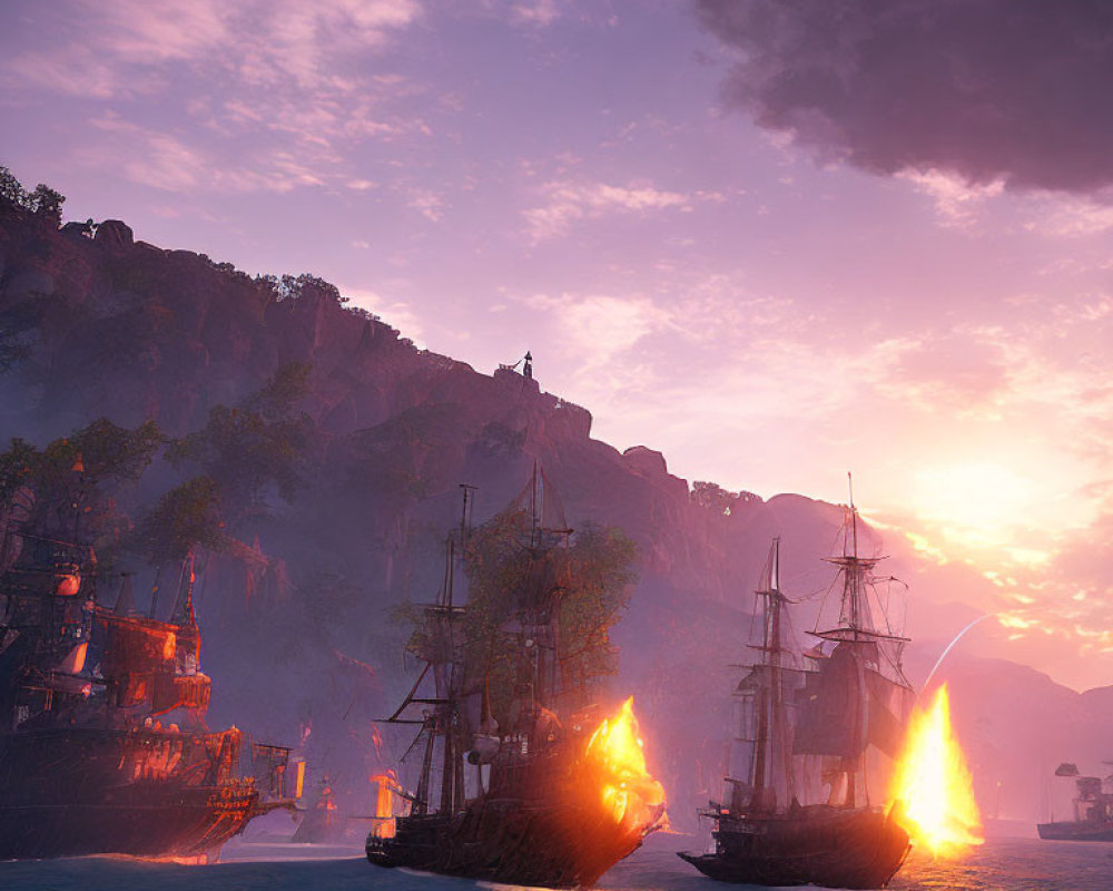 Sunset seascape with battling tall ships and craggy cliffs