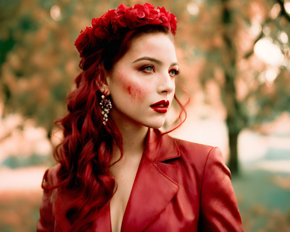 Pensive woman in red outfit with floral headpiece against autumn backdrop