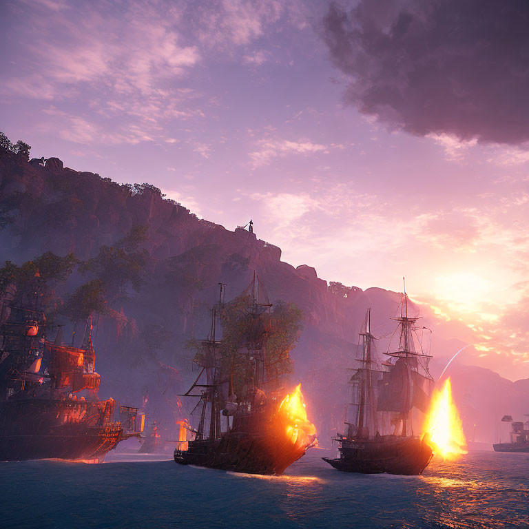 Sunset seascape with battling tall ships and craggy cliffs