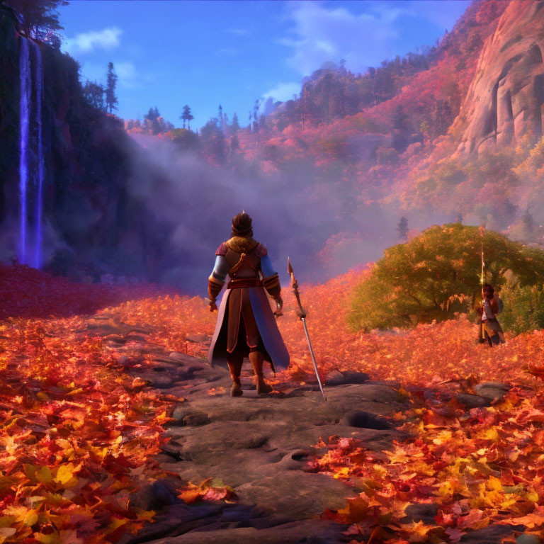 Animated characters in vibrant autumn forest with waterfall and orange leaves.