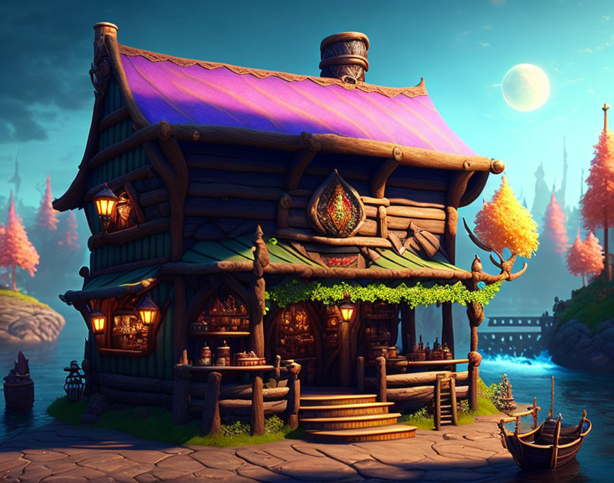 Fantasy cottage illustration with glowing moon and magical flora