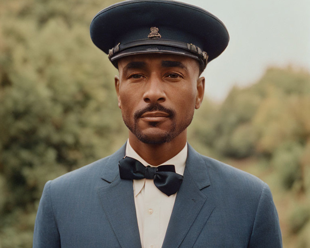 Uniformed man exudes confidence against green backdrop