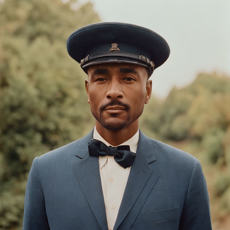 Uniformed man exudes confidence against green backdrop