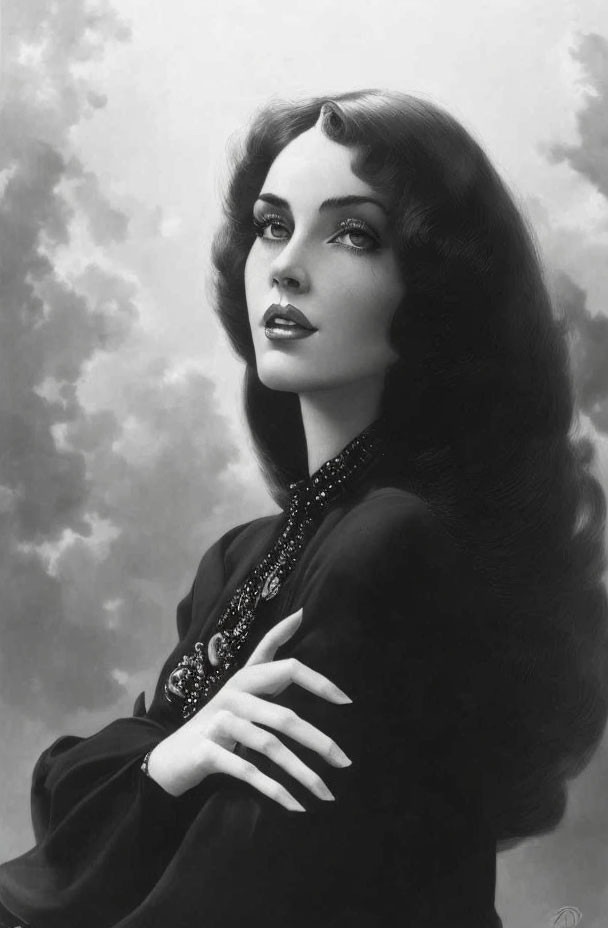 Monochrome portrait of woman with dark hair, classic makeup, dark blouse, and necklace against cloudy backdrop