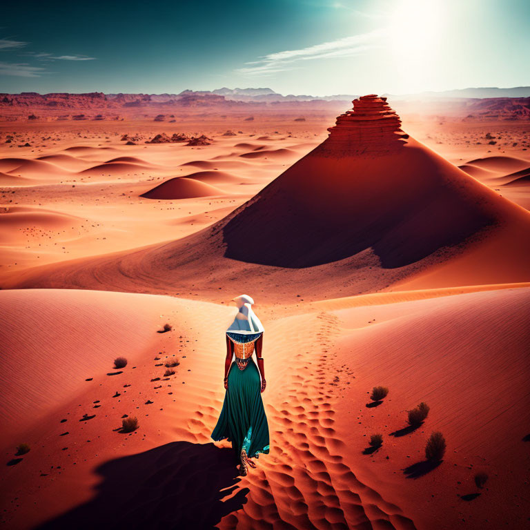 Traditional attire figure in sand dunes under warm sunset with pyramid silhouette