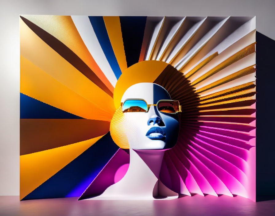 Mannequin head with sunglasses on colorful sunburst backdrop