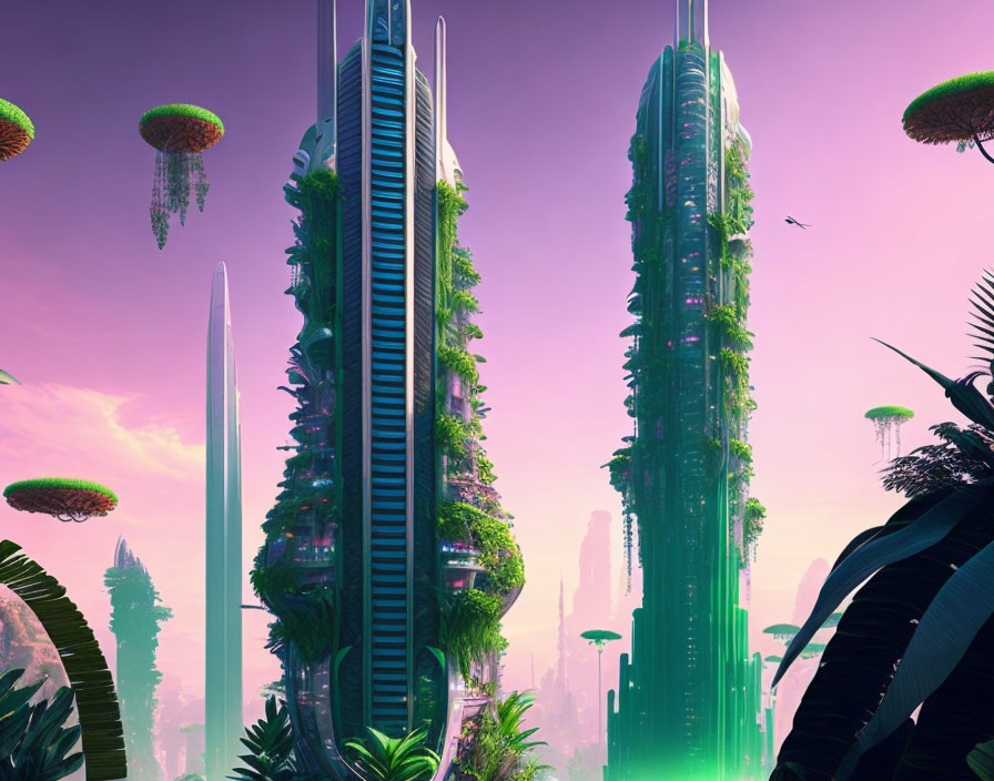 Futuristic cityscape with skyscrapers, greenery, pink sky, floating islands, and