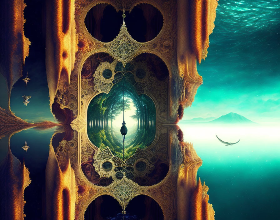 Composite surreal image of keyhole gateway and serene landscape