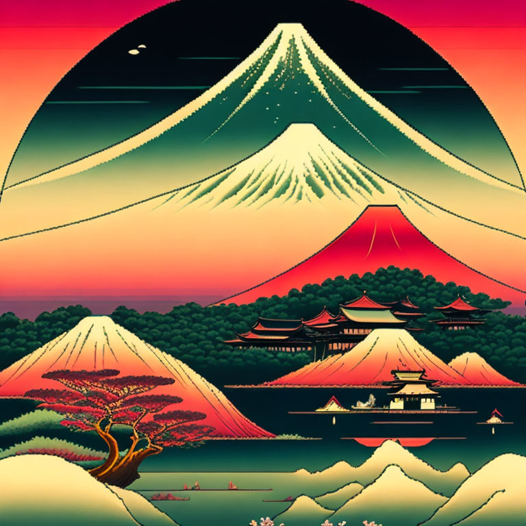 Stylized graphic of layered mountains, buildings, cherry trees, and Mount Fuji under a red sky