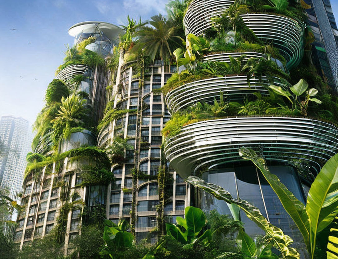 Modern high-rise buildings with vertical gardens and nature-inspired architecture against a clear sky