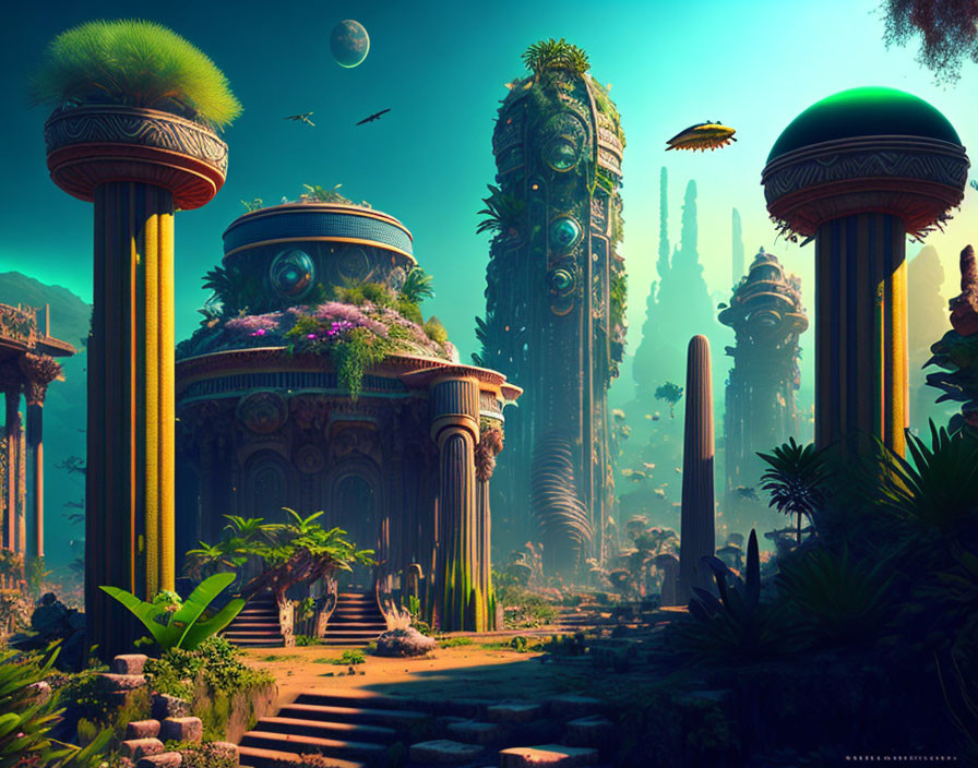 Alien landscape with towering structures and lush vegetation