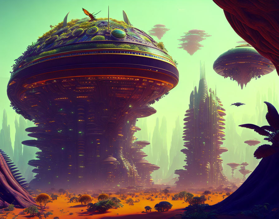 Futuristic cityscape: towering buildings, floating structures, exotic vegetation under hazy orange sky